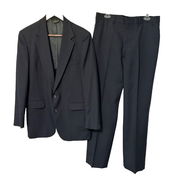 A Foxx Ltd Two Piece Suit Vintage Pin Stripe Woven Wool Black 2 Button USA - Picture 1 of 16